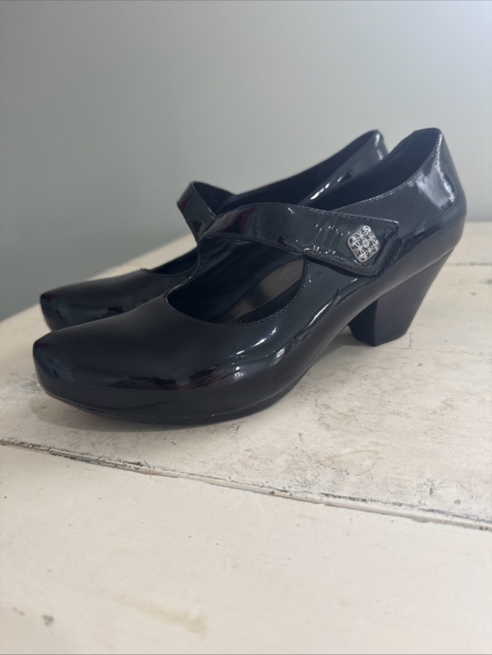 Dansko Black Patent Mary Jane Heels with Decorative Button